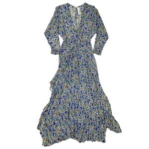 Poupette St Barth Floral Silk Chiffon Dress Ilona Wrap Maxi Blue Womens SZ Small